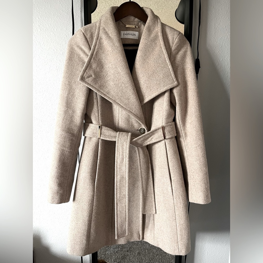 Calvin Klein Wool Blend Wrap Coat Oatmeal color XS
